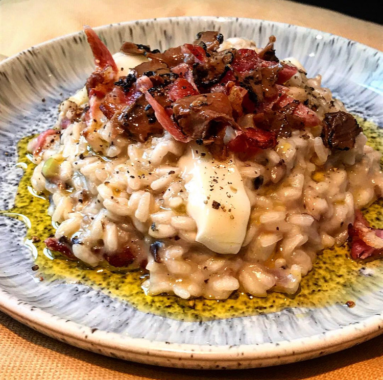 Blue cheese, mushroom and bacon risotto, topped with truffle and garlic breadcrumbs