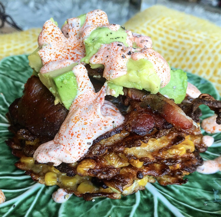 {Brunch ideas} Sweetcorn and leek fritters with bacon, avocado and harissa yoghurt