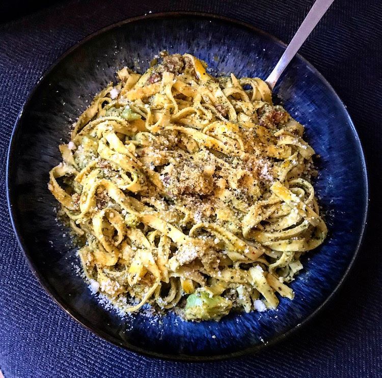 Creamy basil pasta with nduja and broccoli