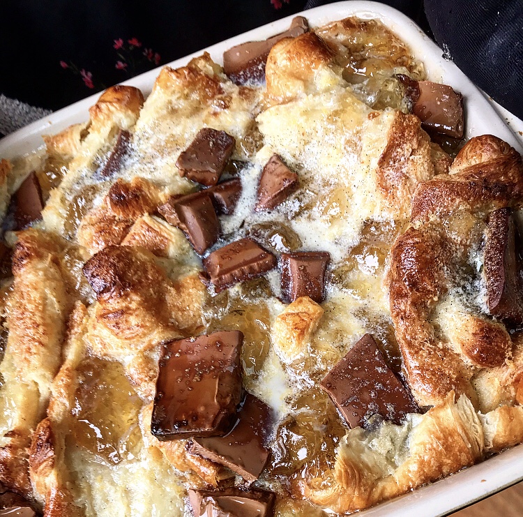 Croissant bread-and-butter pudding with marmalade and milk chocolate